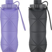 YCT Collapsible Silicone Travel Water Bottle 20oz (600ml), Reuseable Leakproof BPA Free Foldable Sports Bottle, with Carrying Strap, Dark Gray + Purple